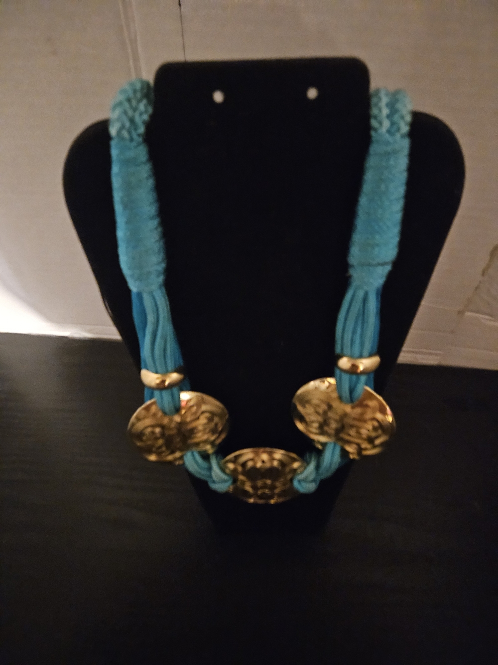 Turquoise Braided Cord Necklace with Gold Medallions